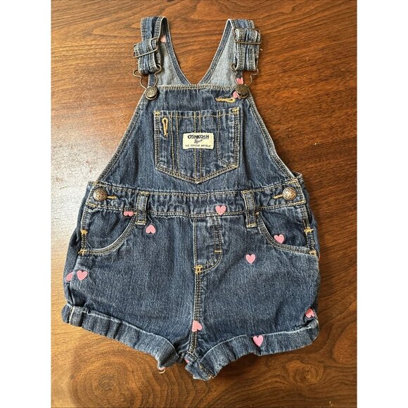 Vintage Oshkosh Pink Heart Embroidered Denim Bubble Overall Shortalls  18 Mo - Picture 1 of 5